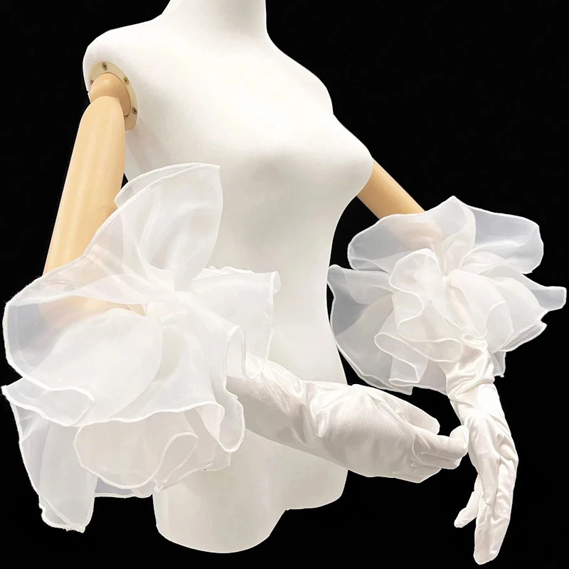Elegant Mesh Ruffles Velvet Long Gloves Solid Color Hand Sleeve For Women Bridal Wedding Dress party Dress Etiquette Gloves 250603