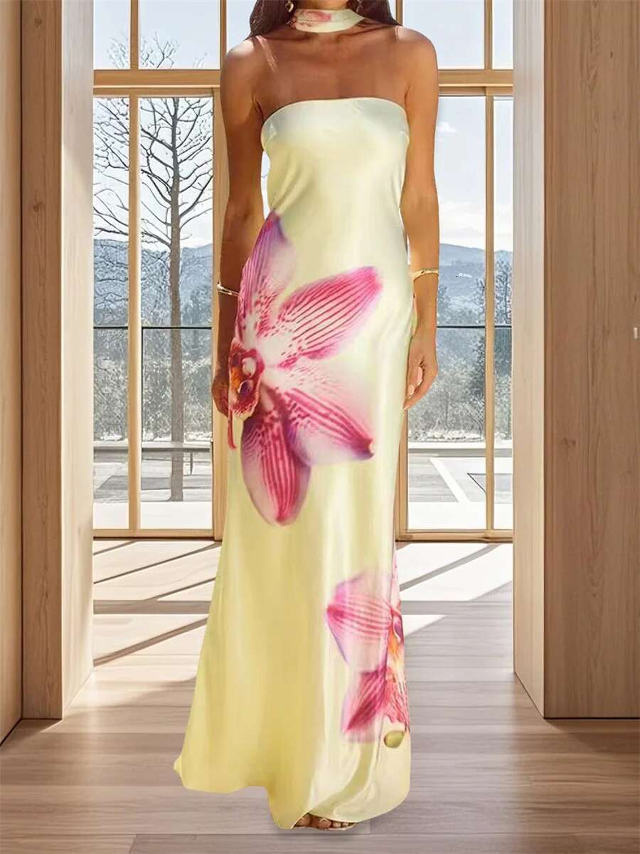 Elegant Off-shoulder Maxi Dress with Floral Print and Matching Shawl Womens Sleeveless Summer Gown for Special Occasions