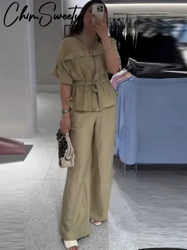 Casual Coat Pant Set Women Loose Zipper V-neck Lace Up Pleat Top Wide Leg Trousers Suit Summer Lady 2 Pieces Outfits 250603