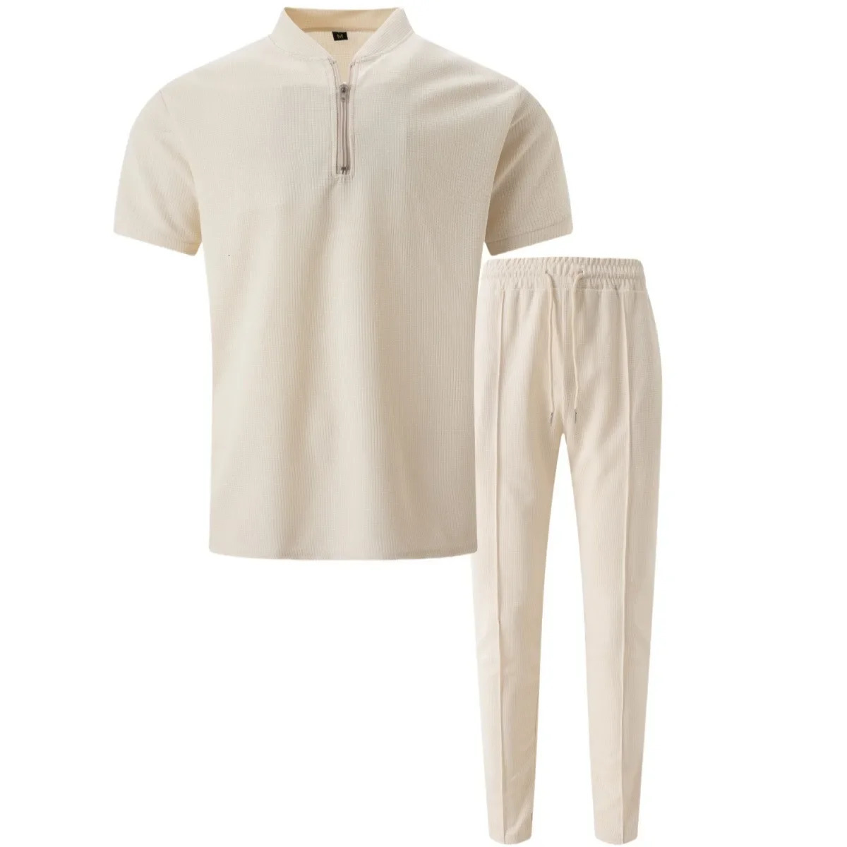 Mens 2025 Waffle Collar Small Zipper Solid Color Polo Shirt Short Sleeve Top - Single Piece Not a Two Set T-Shirt 250605