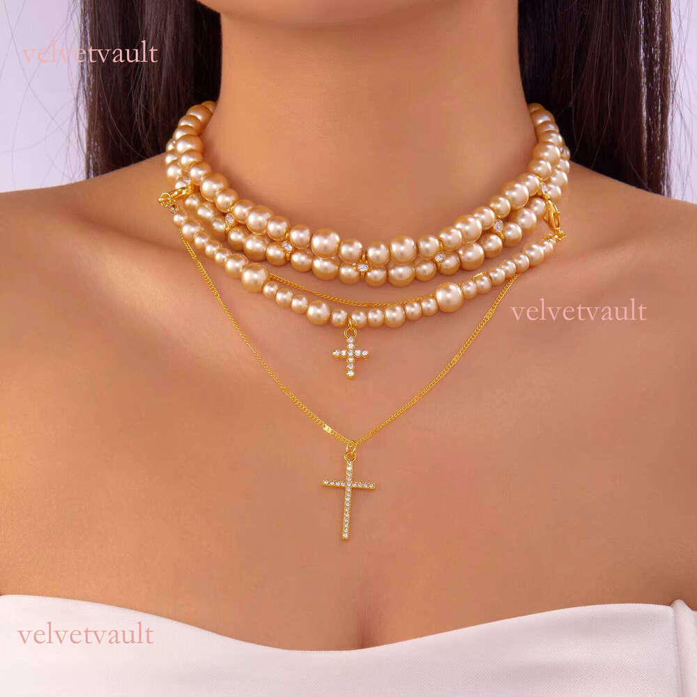 Multi-layer Imitation Pearl Beads for Women Wedding Cross Pendant Necklace Jewelry Accessories