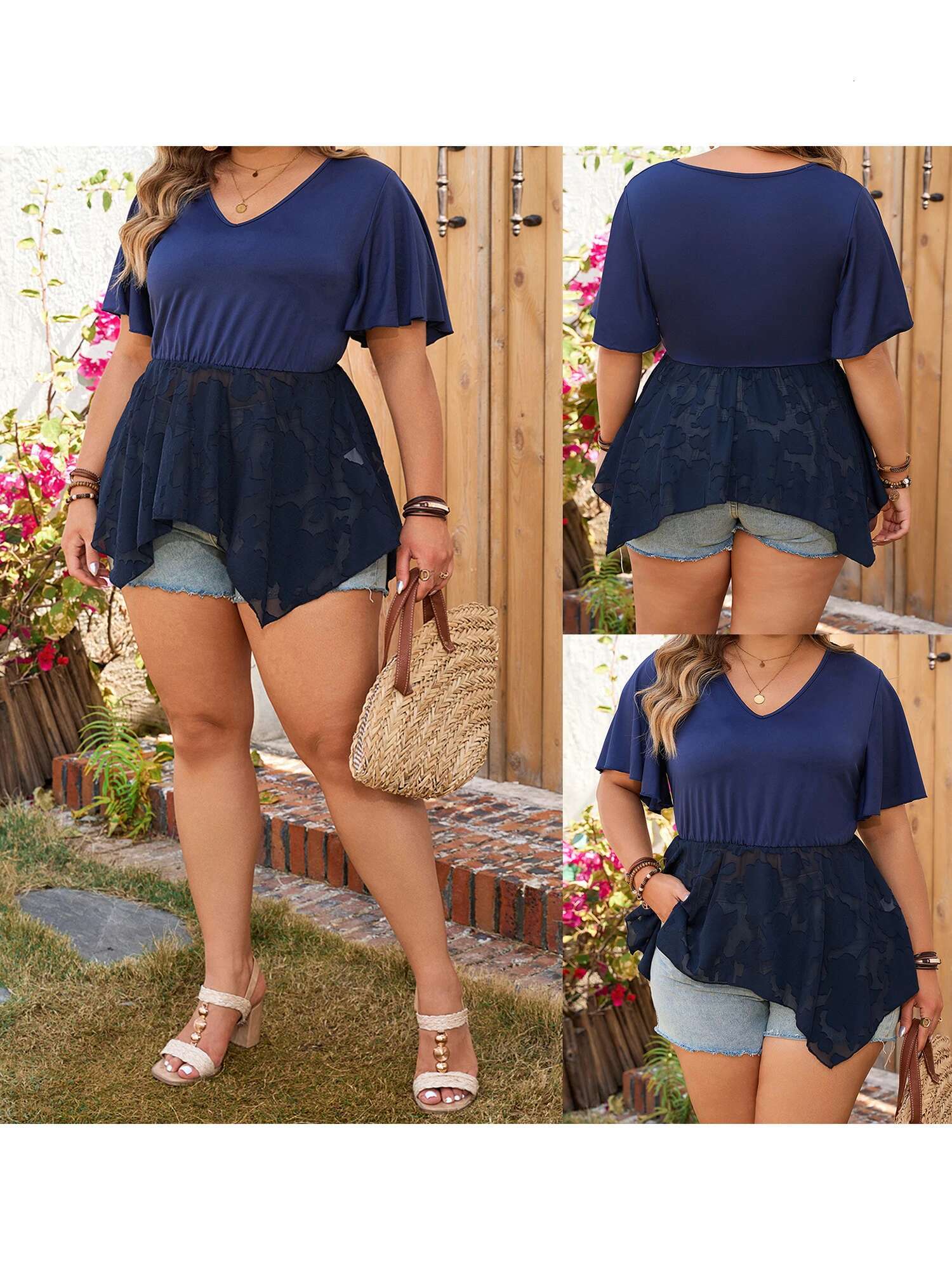 Womens Plus Size Tee Floral Mesh Patchwork Flare Short Sleeve V-neck Irregular Hem T-shirt Streetwear with Embroidered Details