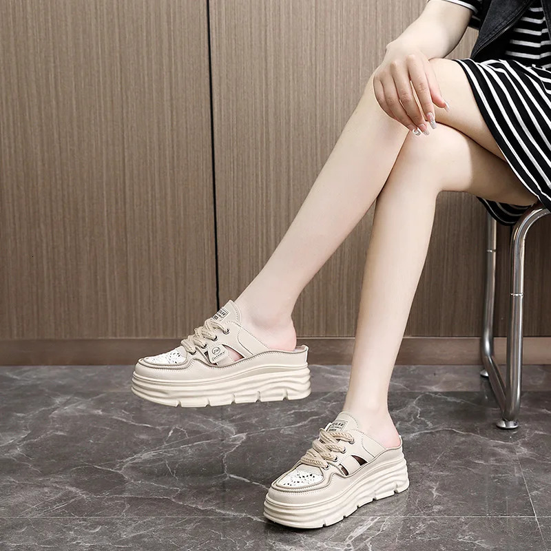 2025 Spring and Summer Thick Sole Increase Baotou Slippers Lady Small White Shoes Muffin Thick Sole Half Slippers 250603