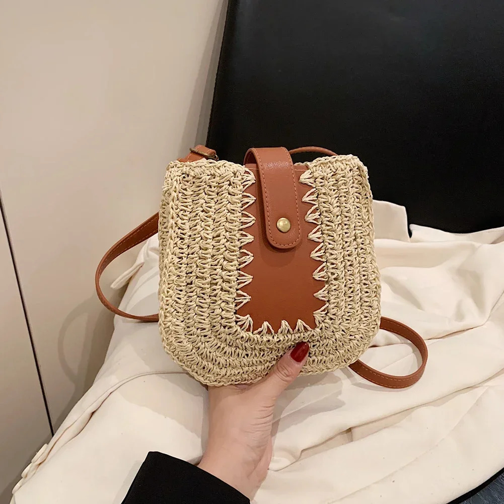 Women Crossbody Bags Bohemia Woven Beach Straw Bag Summer Handmade Paper Rope Simple StrawLeather Casual Mobile Phone Bag 250606