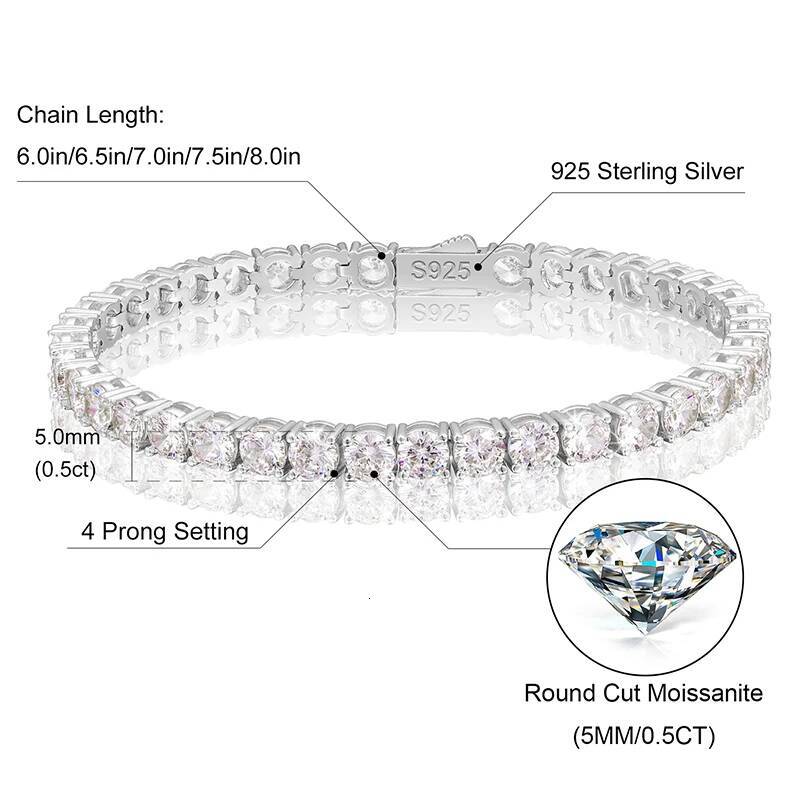 2-5mm Real Moissanite Tennis Bracelet For Women Christmas Gift Platinum Plated 100% Sterling Sier Wedding Jewelry Hip Hop