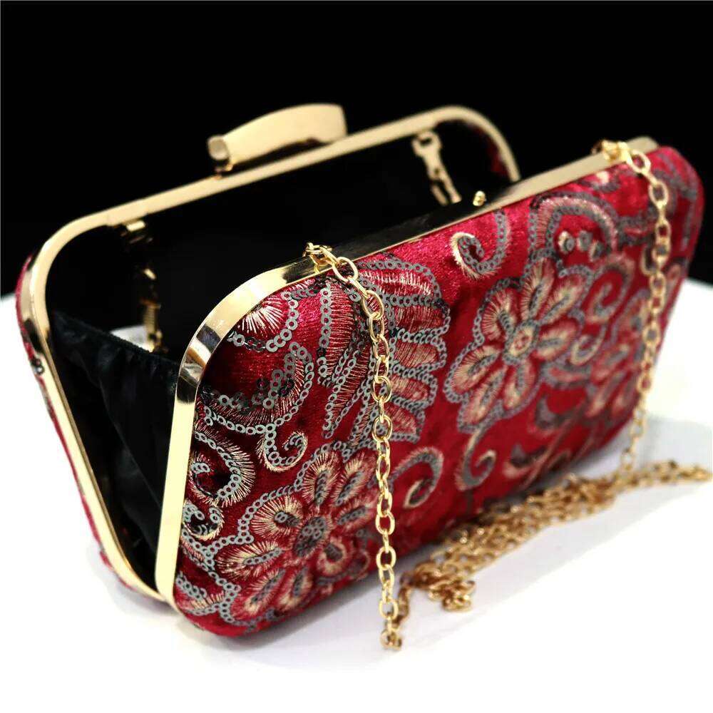 Fashion Wallet Women's Embroidered Flower Sequins Veet Evening Bag Chain Shoulder Clutch Party Ball Handbag