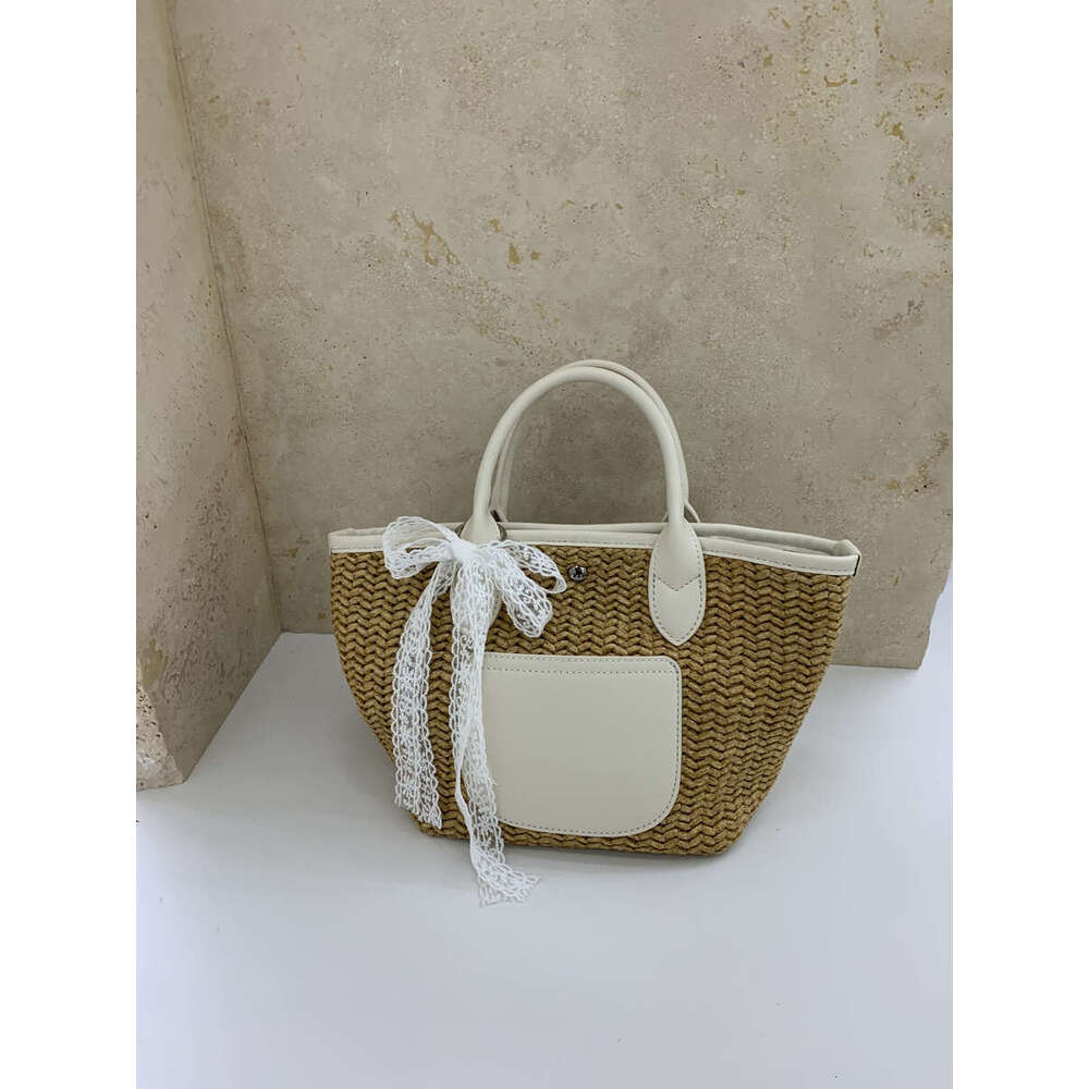 Straw Woven Basket Artistic Patchwork Color Block Pastoral Style Tote Bag Large Capacity Casual Handbag