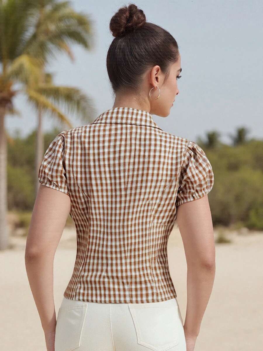 Stylish Womens Plaid Blouse with Short Sleeves Lapel Collar and Ruffle Trim - Fashionable Button Down Top for Summer