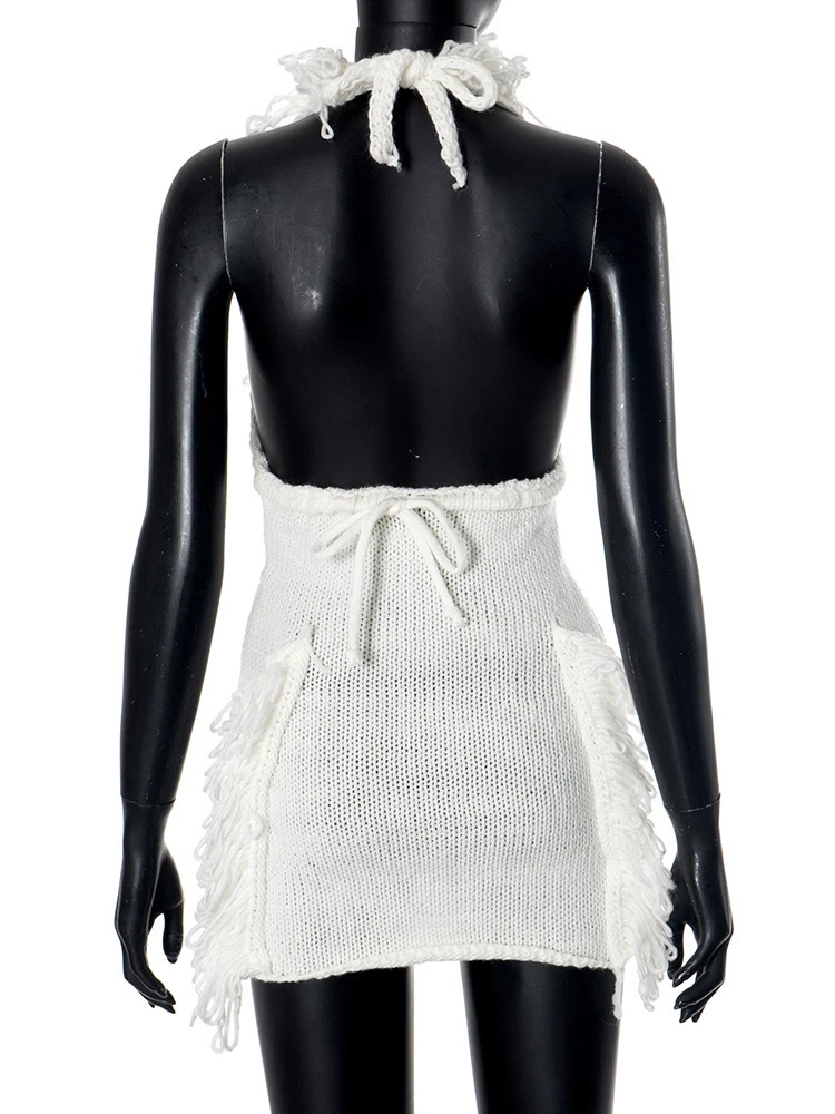 Weird Puss Crochet Halter Dress Women Low-Neck Bandage Backless Stretch Tassel Skinny Sleeveless Street Elegant Mini Bodycon 250605