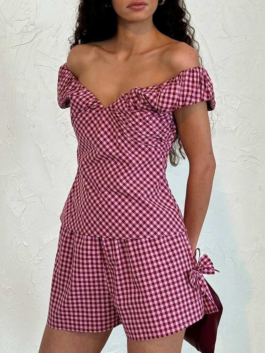 Womens Plaid Matching Set with v Neckline Off Shoulder Short Sleeve Top Bow Detail Elastic Waist Shorts and Pockets - 2