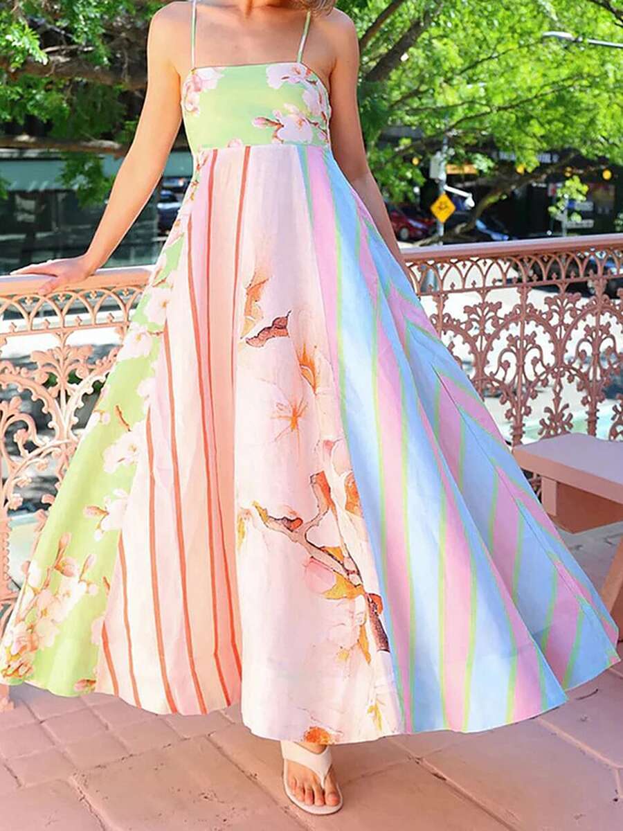 Womens Elegant V-neck Maxi Dress with Ruffle Hem and Adjustable Spaghetti Straps for Summer Beach Wedding Party