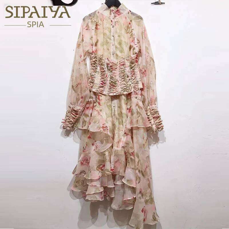 Spring 2024 Heavy Industry Vintage Printing Asymmetrical Retro Floral Midi Dress Net Red Thirteen Lines One Piece Delivery