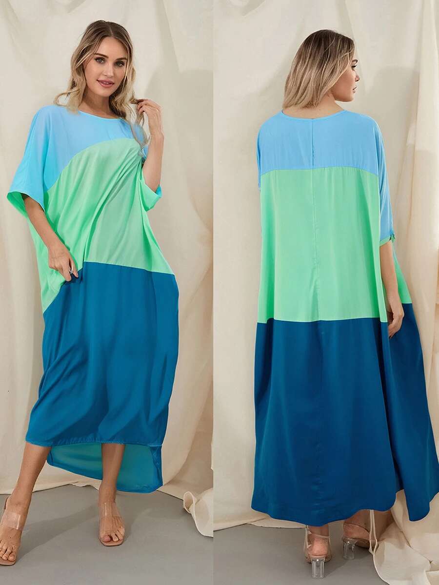 Elegant Maxi Dress Short Sleeve V-neck Floral Print A-line Boho Beach Party Dress with Pockets for Women