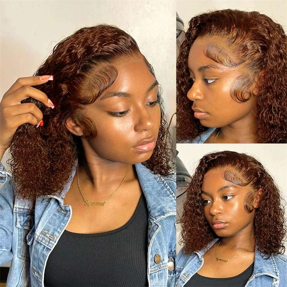 NAMM Brown kinky Curly 13x4 Bob Wigs Brazilian Water Deep Wave Human Hair Wig Preplucked For Woman Short Pixie #4 Color