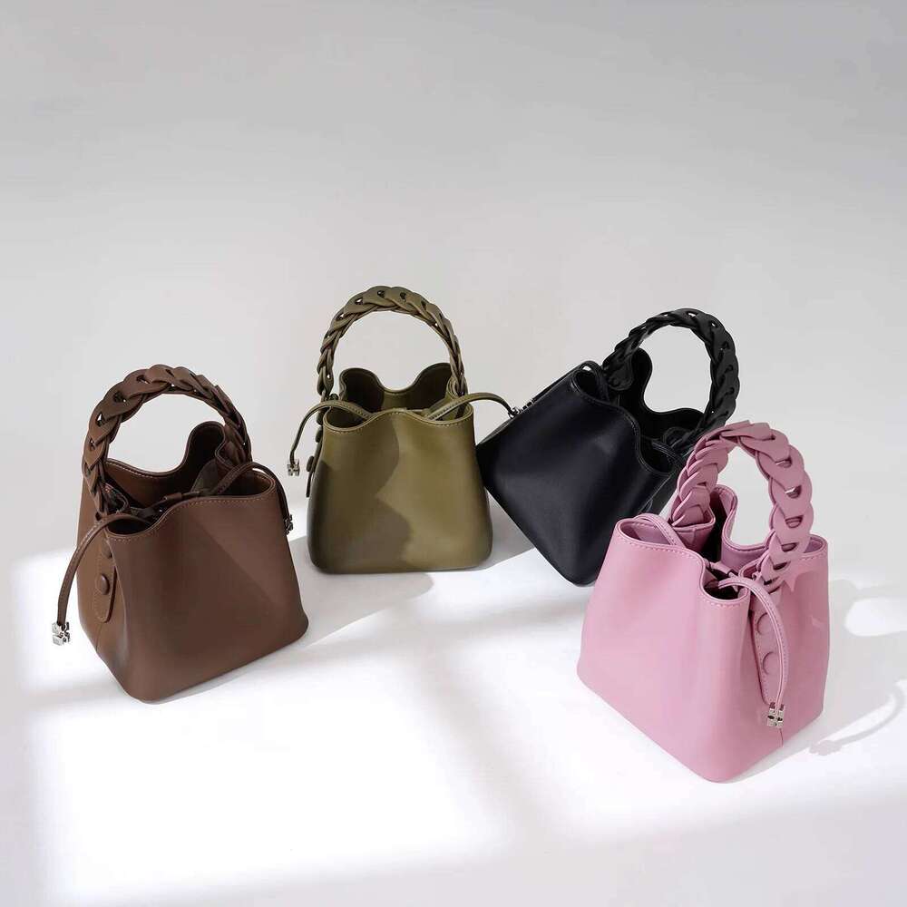 Genuine Leather Mini Tote Bags Women Fashion Solid Color Textured Bucket Bag Female Daily Out Crossbody Pack