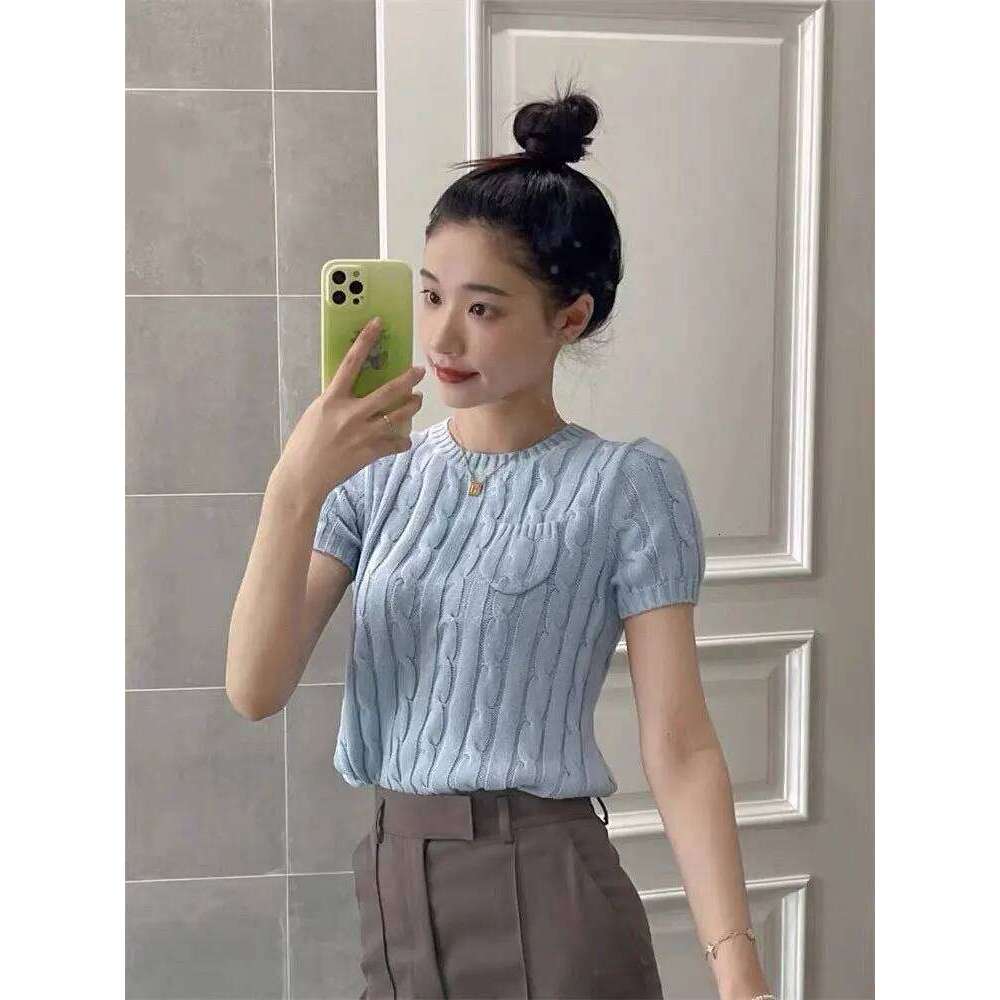 2025 Women's High-Quality Cashmere Knit Sweater Summer Short Sleeve Cable Embroidery Round Neck Cotton Blend Pullover Top