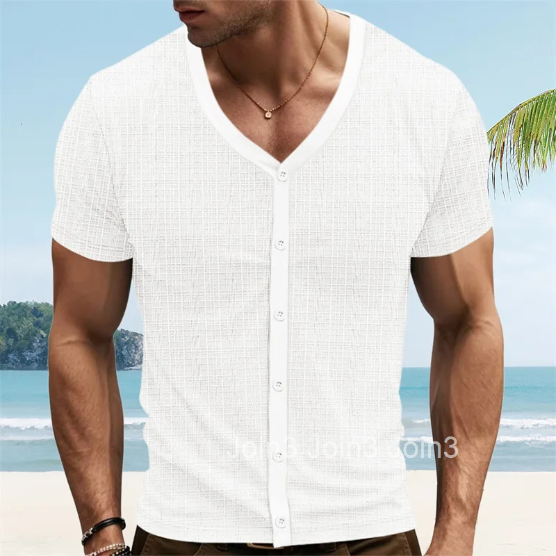 Mens Fit v Neck Button Down Short Sleeve Casual T-shirts Summer Cardigans Classic Tops for Everyday Wear