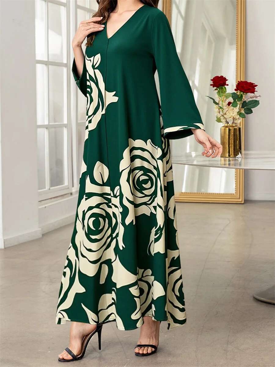 Elegant Mu Womens Ramadan Abaya with Intricate Floral Patterns V-neck Design and Long Sleeves for Islamic Prayer and