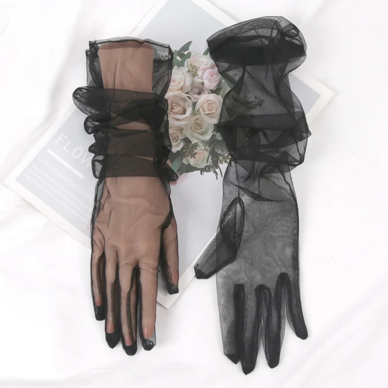 Fashion Long Sheer Tulle Gloves Ultra Thin Stretchy Full Finger Mittens Mesh Elbow Wedding Bride Gloves Drive Sunscreen Mittens 250603