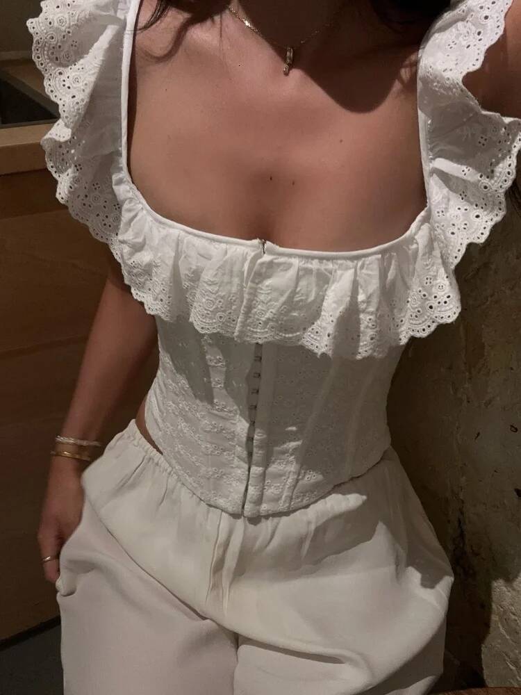 Elegant White Ruffles Lace Up Cropped Tops Summer Chic Crochet Flower Hollow Out Slim Fit Sling Top 2025 Sexy Female Streetwear