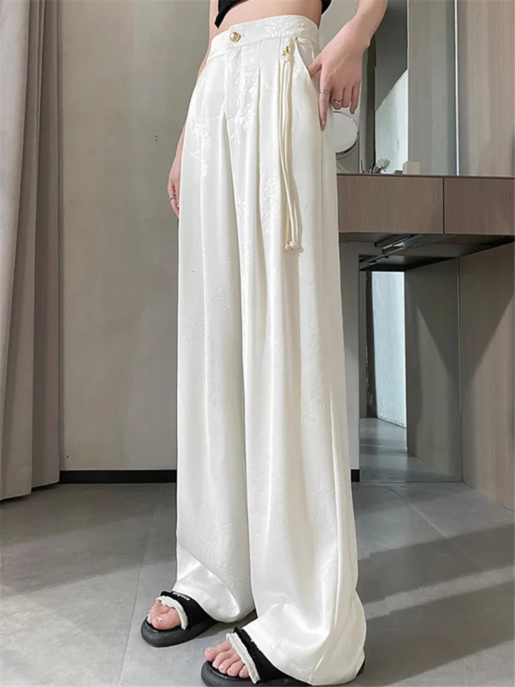 Chinese Style Jacquard Wide Leg Satin Pants for Women Elegant Solid Office Lady Womens Casual Loose Pants Female 250605