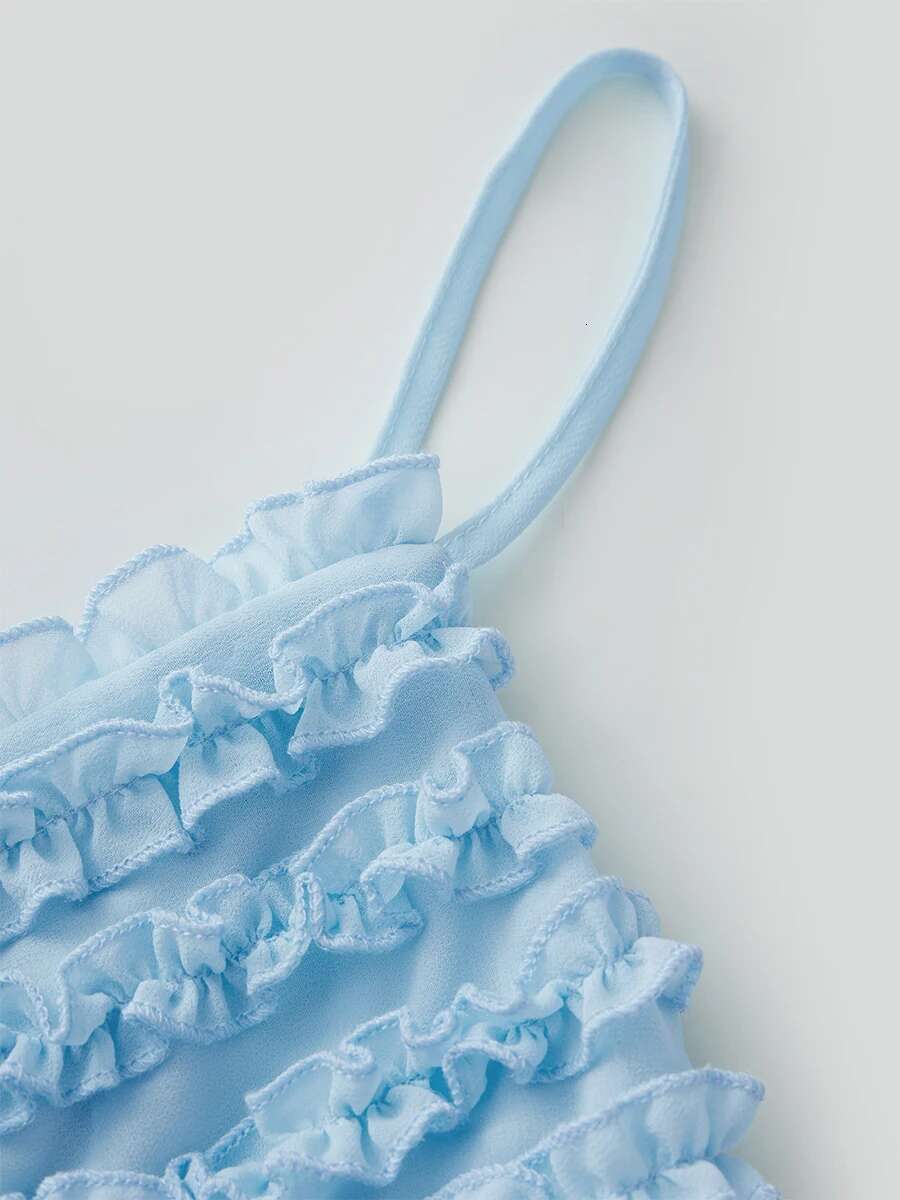 Womens Sleeveless v Neck Ruffle Trim Open Back Mesh Tank Top with Cropped Length for Summer Style