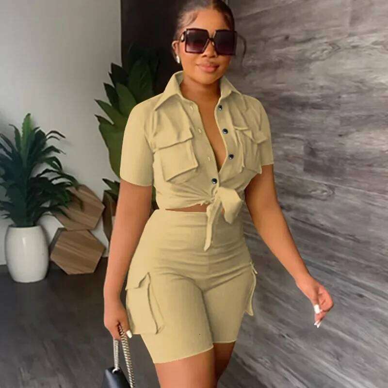 Streetwear Two Piece Set For Women Summer Outfits Pockets Sleeve Button-Up Shirt Top Short Party Club Matching Sets
