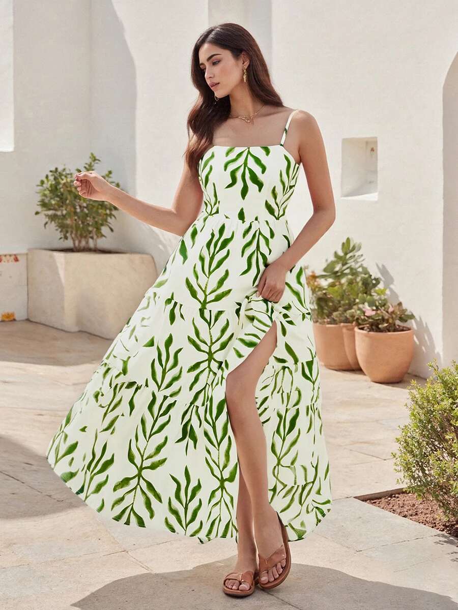 Floral Print Sleeveless Maxi Dress with Square Neckline and Tiered Ruffle Hem Backless A-line Cami Dress for Women