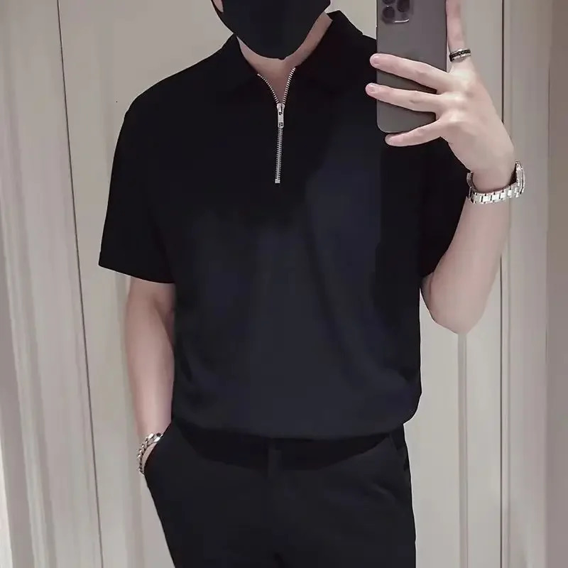 Plain Mens with Collar T-shirt White Black Green Zipper Male Polo Shirts Quick-drying Party Slim Fit Xl Clothes Kpop Tops 250606