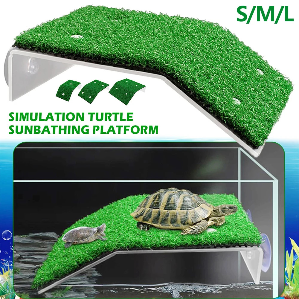 Fish Tank Lawn Turtle Basking Platform Turtle Climbing Platform with Suction Cup Simulation Turf Turtle Ramp Ladder for Aquarium 250604