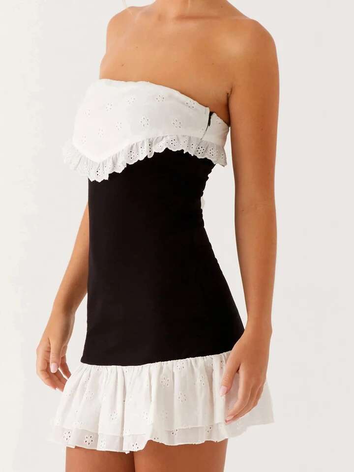 Elegant Off-shoulder Lace Floral Bodycon Dress Sleeveless Hollow Out Fit Cocktail Party Tube Dress Clubwear for Women