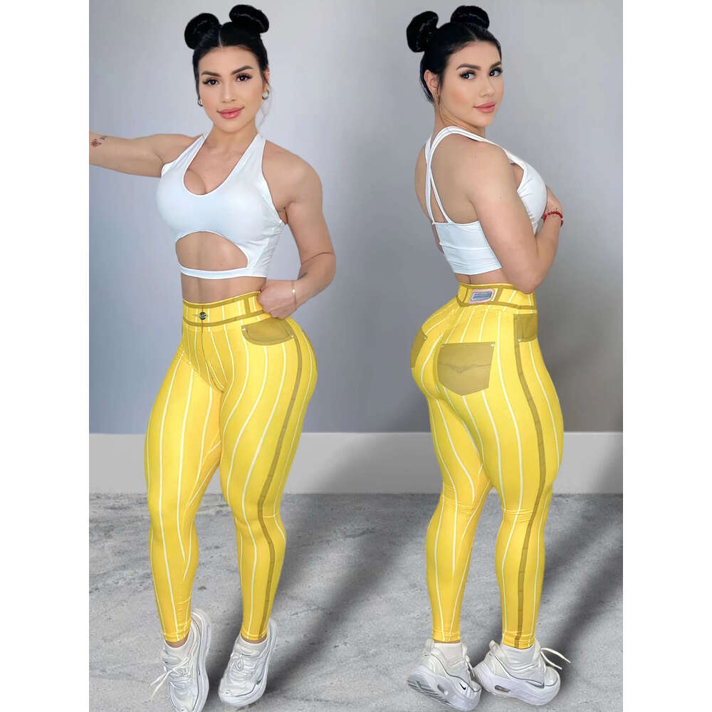 Trendy European and American Style Faux Denim Line Print Yoga High Waist Sexy Sports Fiess Pants for Women 2025 New Casual Versatile Fashion Clothing