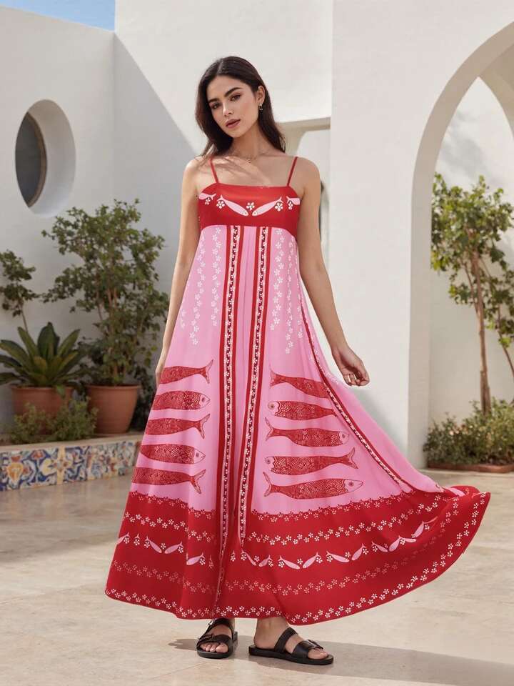 Womens Sleeveless Maxi Dress with Tropical Fish Print Spaghetti Strap Cami Dress for Summer Fashion and Casual Wear