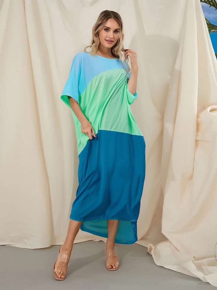 Elegant Maxi Dress Short Sleeve V-neck Floral Print A-line Boho Beach Party Dress with Pockets for Women