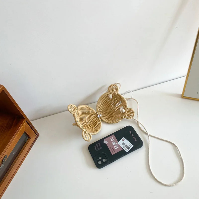 Korean Style Children Cute Single Shoulder Crossbody Bag Girls Messenger Kids Rattan Weaving Bear Head Bag 250605