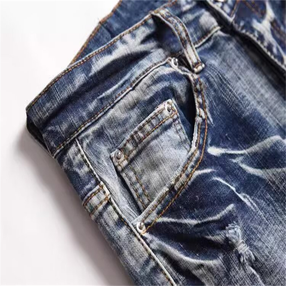 2025 new free shipping designer Jeans Embroidered men jeans with knee hole zipper small leg pants large denim pants Durable Stretchy