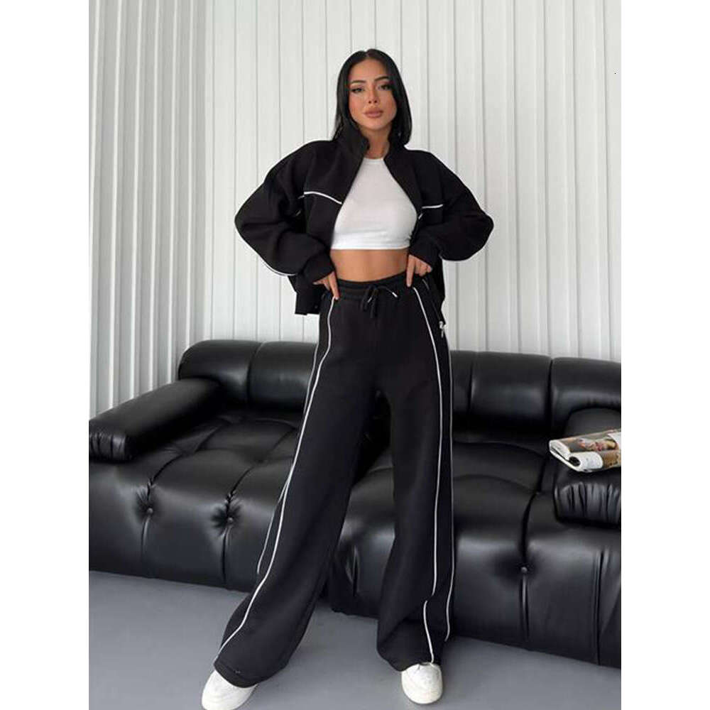 2025 European and American Fashion Set for Women: Long Sleeve Turtleneck Cardigan Sweatshirt with Drawstring Striped Pants, Two-Piece Elegant Versatil