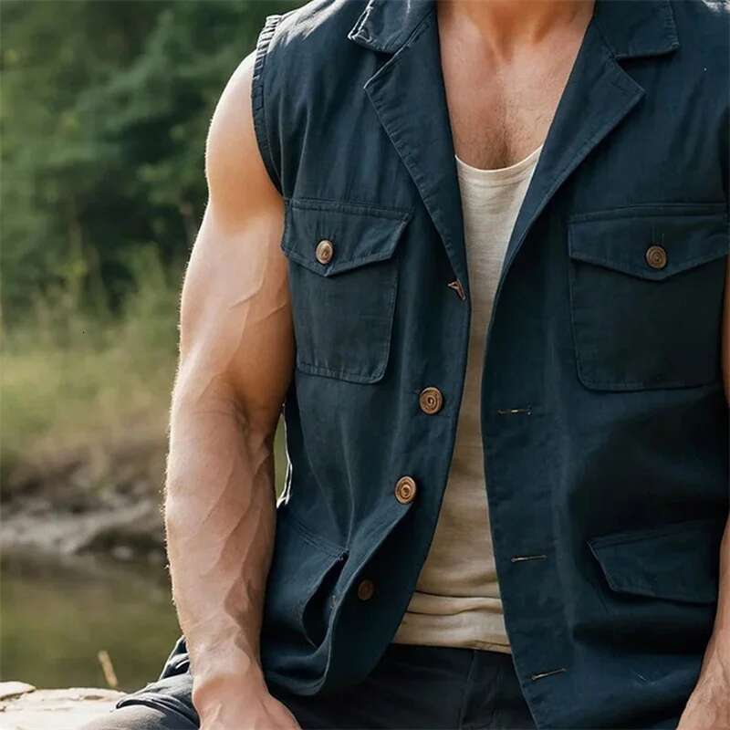 Mens Solid Color Sleeveless Button Down Tank Top with Turn Down Collar and Convenient Pockets for a Stylish Look