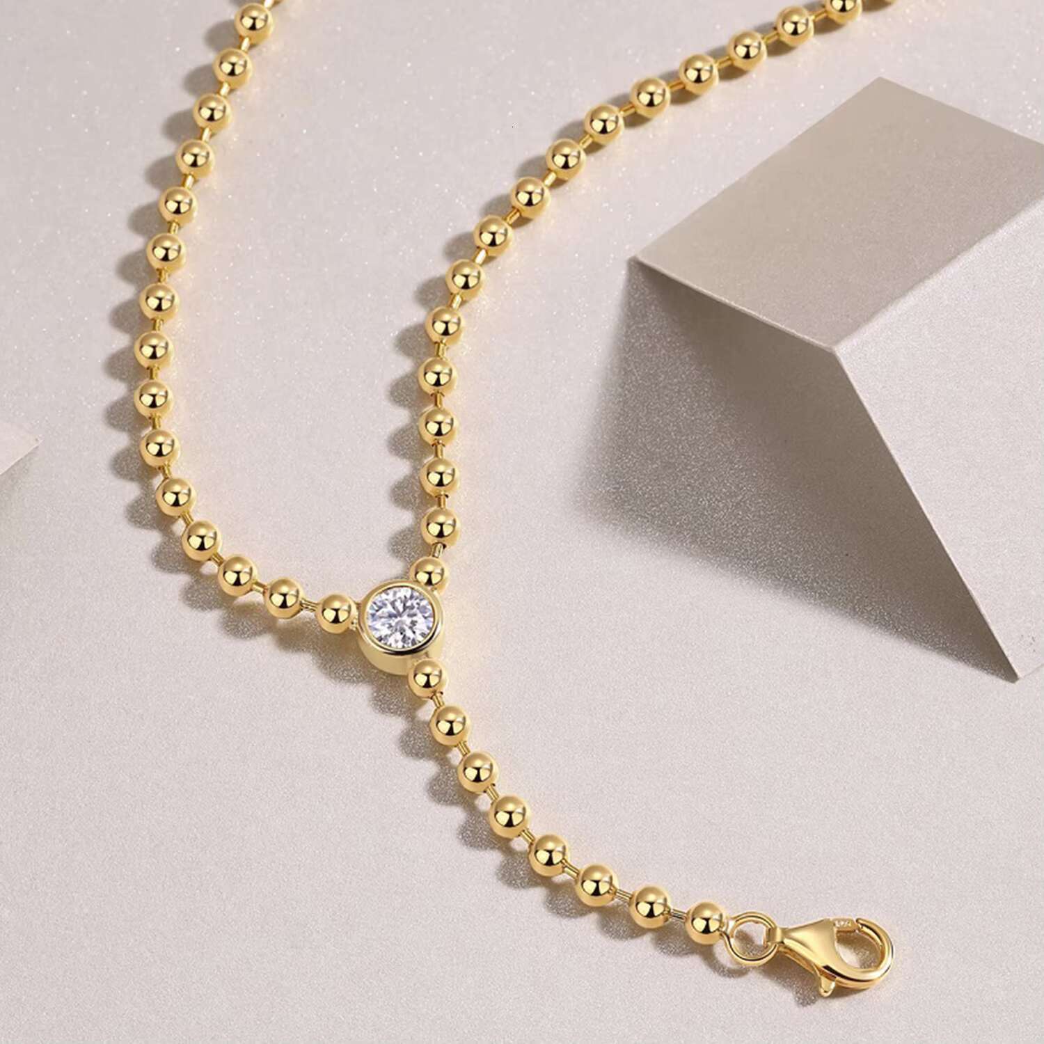 Zanlong 15130 Simple Ins Cool Style Gold Round Bead Chain with Mosan Diamond Pendant Jewelry Long Chain Pendant Necklace
