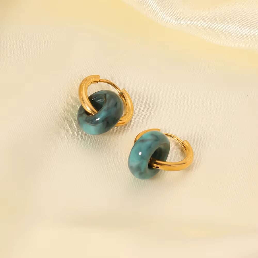 Hot Selling Natural Stones Earrings Stainless Steel 18K Gold Plated Ink Textured Stones Pendant Hoop Earrings for Women