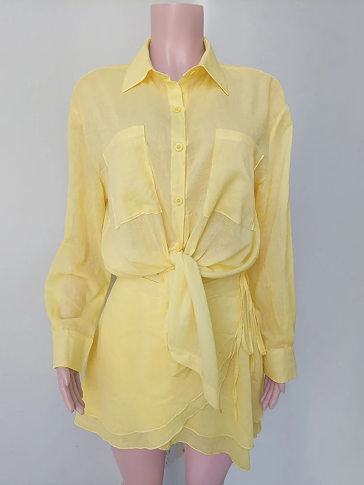 JULISSA MO Casual Vacation Two Piece Sets Women Shirt Suit Yellow Turn-down Collar Bandage Mini Skirt Set Summer Slim Beachwear 250605