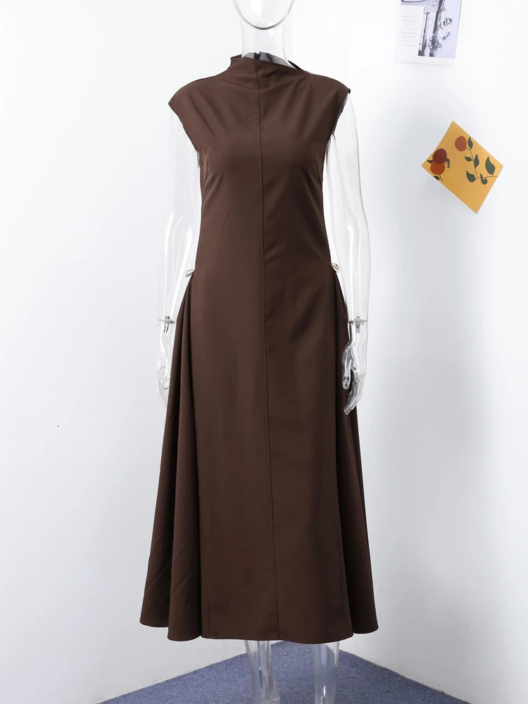 Elegant Black Long Dress Women Fashion High Collor Sleeveless Pleat Irregular Dresses 2025 Spring Summer Party Lady Evening Robe 250605