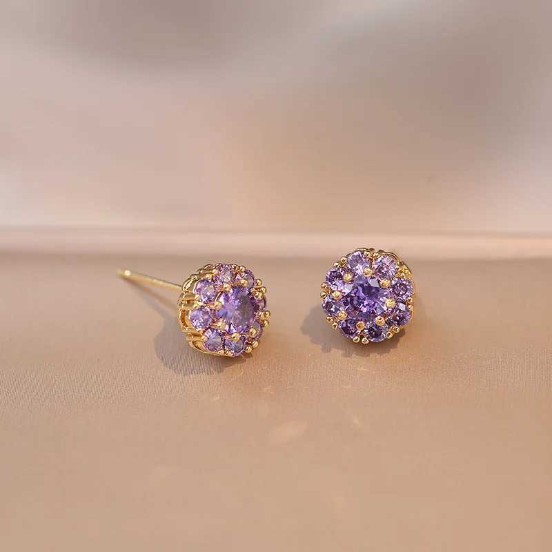 Bridal Jewelry Sets Rotating Purple Zircon Round Stud Earrings Ring Pendant Gold Color Chains Necklaces For Women Engagement Set Z250607
