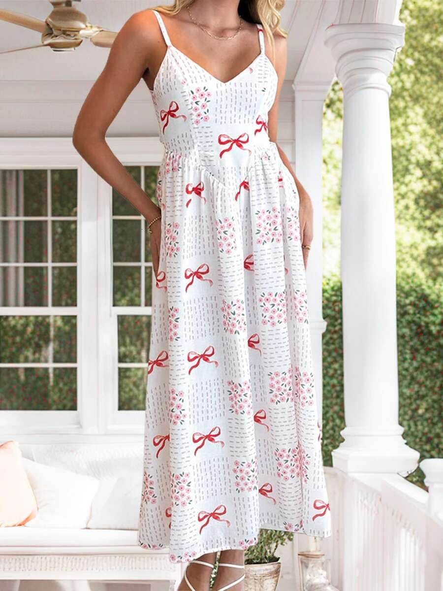 Elegant Sleeveless Lace V-neck A-line Evening Gown with Bow Detail and Floral Embroidery for Formal Events and Weddings