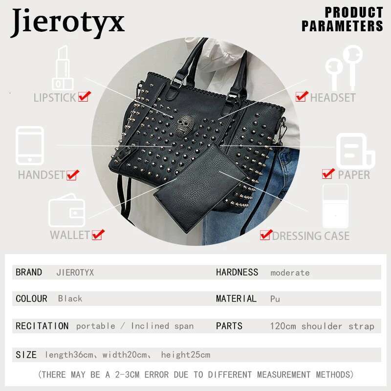 Designer Bag JIEROTYX Women Bags Leather Crossbody Bag Purse Skull Hangbag Great Quality Large Capacity Fashion Rivet Gothic Style Dropship