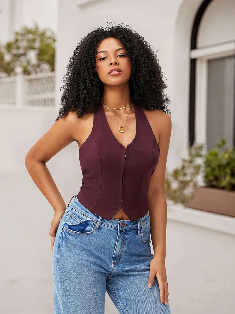 Womens Casual V-neck Sleeveless Tank Tops Loose Fit Solid Color Summer Vest with Adjustable Straps and Back Tie-up Detail