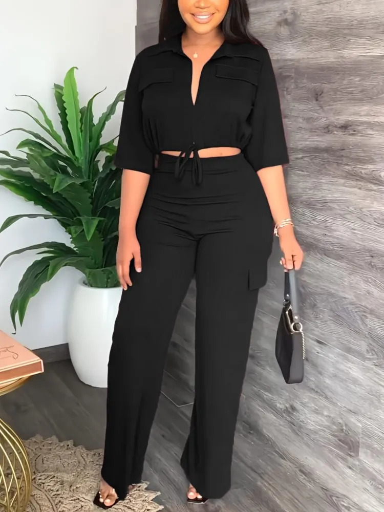 Elegant Office Women Two Piece Sets Autumn V Turn-down Neck Half Sleeve Drawstring Lace Up Short Shirt Wide Leg Trousers Set 250605