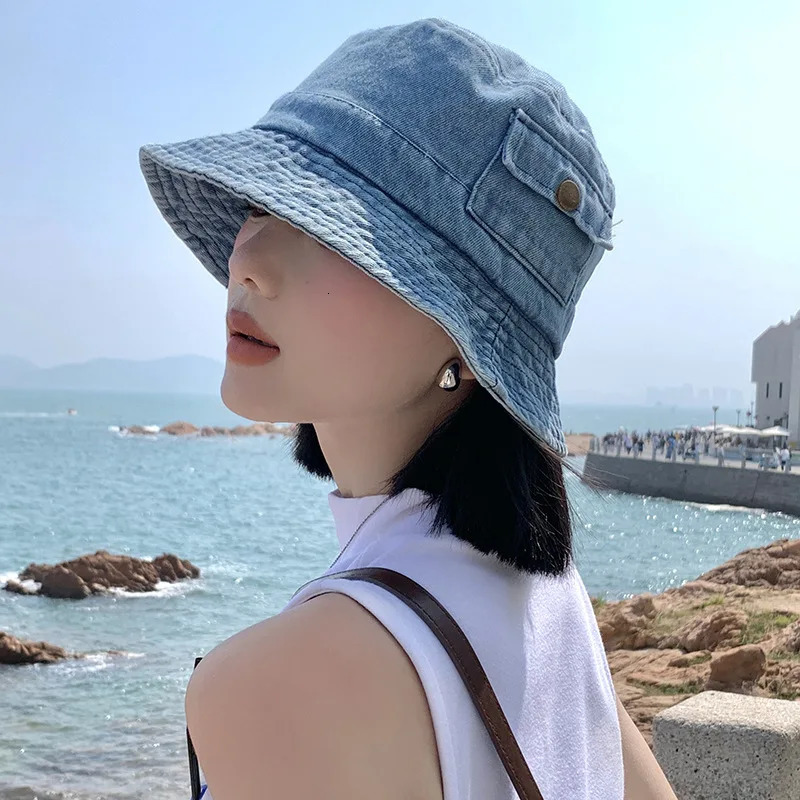 Korean Denim Bucket Hat for Women Vintage Solid Color Fisherman Cap Summer Outdoor Travel Girls Panama Sun Hats 250605