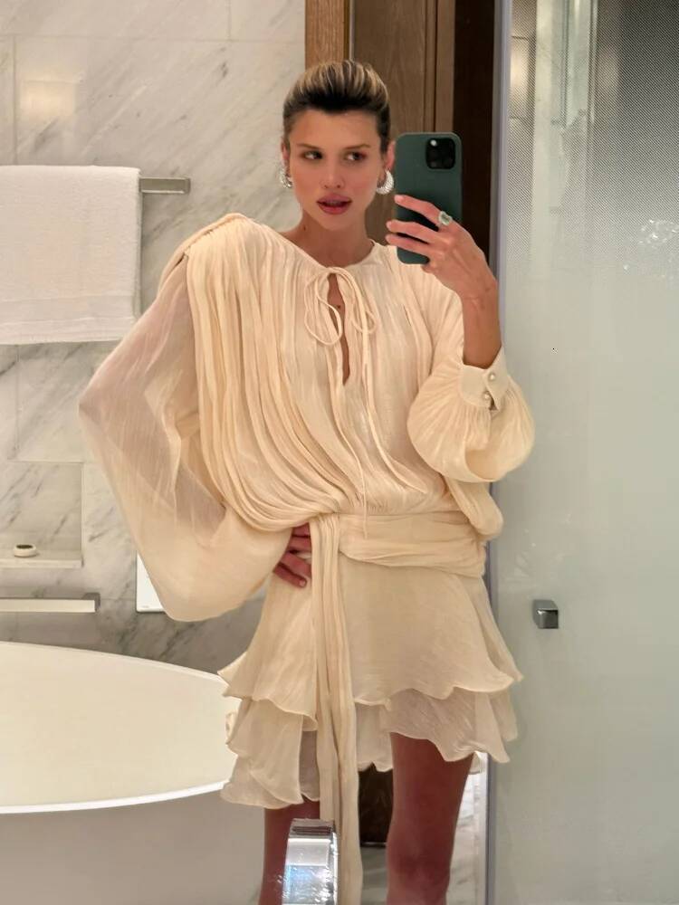 Fashion Women's Ruffles Short Dress Elegant Round Neck Lace Up Lantern Long Sleeve Mini Vestido Chic Female 2025 Solid Dresses