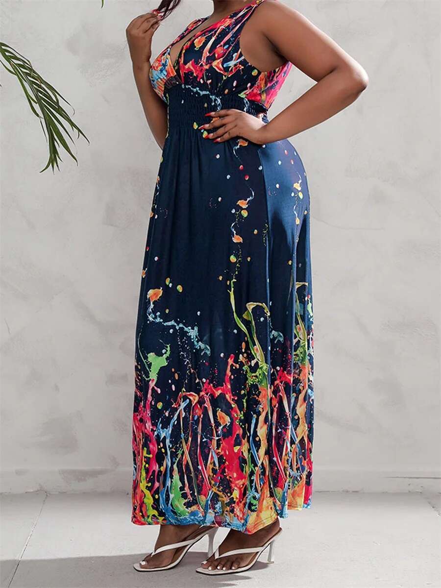 Women Plus Size Sleeveless Maxi Dress Casual Floral Print V-neck Party Dress for Beach Club Streetwear Summer Fashion Trend